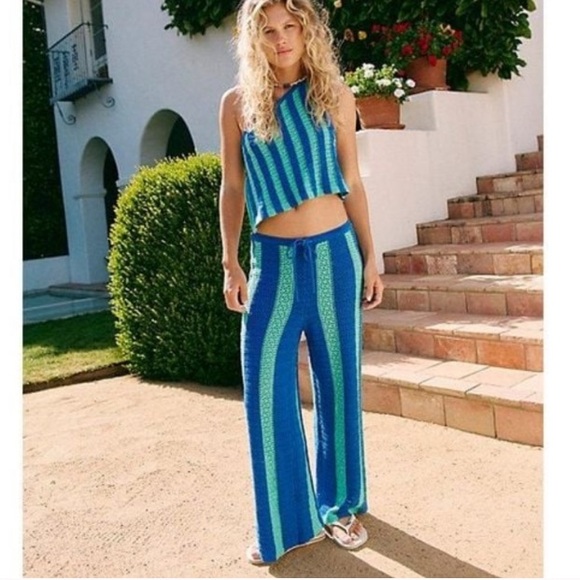 Free People Pants - Free-est Free People blue teal striped Joan faux Chet pants tank set New